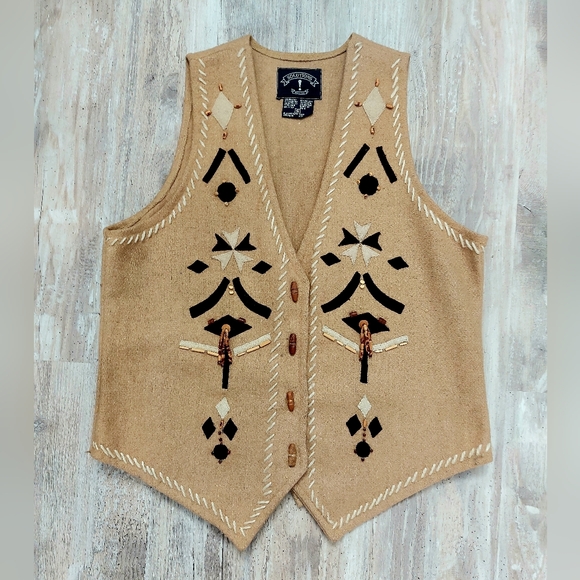 Solutions Jackets & Blazers - Vintage Solutions Wool Blend Camel Wooden Beaded Southwestern Vest Boho Aztec